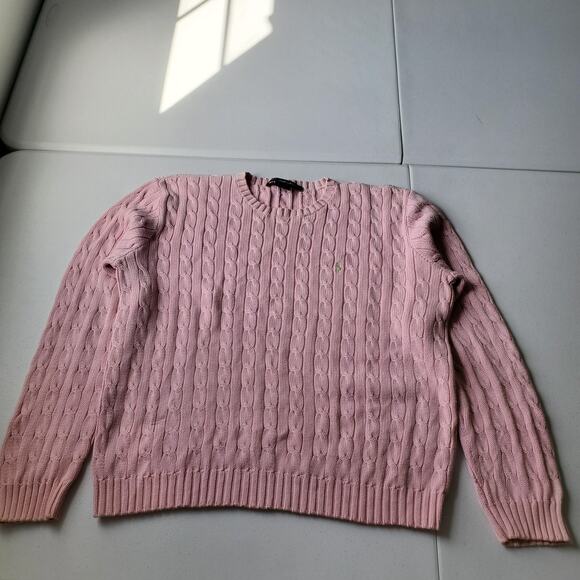 Y2K Ralph Lauren Sport Sweater Womens XL Pink 100% Cotton Cable Knit Pullover - Picture 2 of 10